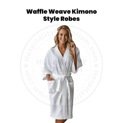 Waffle Weave (100%C) Kimono Style Robes Merit Spa Collection White Size Unisex Large 2/Pack