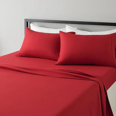 QUEEN Bed Sheet Set (Flat x1 + Fitted x1 + PC X2) in Elegant colors CHOC BROWN/ RED Fabric Extra Soft Plush Microfiber 4pc/ Set Clearance Price $20/ set
