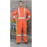 Flame-Resitstant Coveralls Cotton/Nylon Twill with 2" Silver Tape. Brass Zipper, Action-Back Multiple Pockets, Color Orange Available sizes Reg-Tall (Sold as 1's/ Pack)