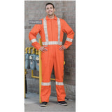 Flame-Resitstant Coveralls Cotton/Nylon Twill with 2â€ Silver Tape. Brass Zipper, Action-Back Multiple Pockets, Color Orange Available sizes Reg-Tall (Sold as 1's/ Pack)