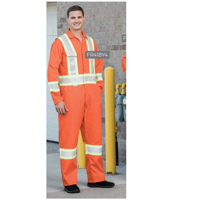 Flame-Resitstant Coveralls Cotton/Nylon Twill with 4" Reflective Tape. Brass Zipper, Action-Back Multiple Pockets, Color Orange Available sizes Reg-Tall (Sold as 1's/ Pack)