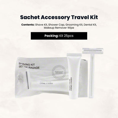 Sachet Accessory Travel Kit - Contents: Shave Kit, Shower Cap, Grooming Kit, Dental Kit, Makeup Remover Wipe 25/cs
