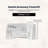 Sachet Accessory Travel Kit - Contents: Shave Kit, Shower Cap, Grooming Kit, Dental Kit, Makeup Remover Wipe 25/cs