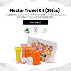 Nectar Travel Kit 25/cs - Shampoo, Conditioner, Body Wash, Lotion, Cleansing Bar, Bath & Body Bar