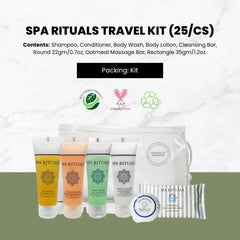 Spa Rituals Travel Kit 25/cs - Shampoo, Conditioner, Body Wash, Lotion, Cleansing Bar, Massage Bar