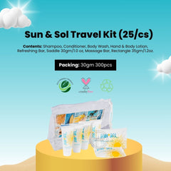 Sun+Sol Travel Kit 25/cs - Shampoo, Conditioner, Body Wash, Lotion, Refreshing Bar, Massage Bar