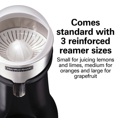 HAMILTON BEACH FreshMark™ Electric Citrus Juicer, 3/8 HP, 3 Reinforced Reamer Sizes, Rubber Collar