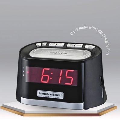 Hamilton Beach Clock radio 0.9" LED display, USB port, Dimmer Feature, Snooze, AM/FM , Alarm On Indicator, Single day alarm