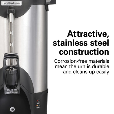 Hamilton Beach Commercial, Stainless Steel Urn, 40 cup, one hand dispensing, coffee level indicator