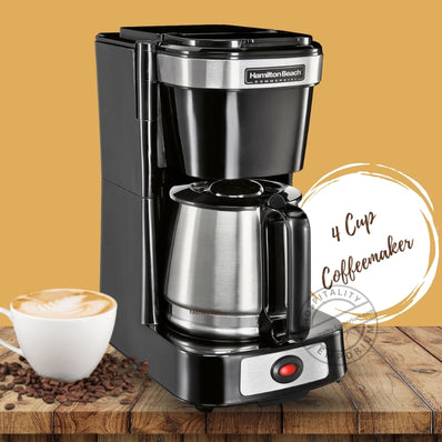 Cafetera de 4 tazas, apagado automático, cesta de preparación abatible y elevable, color negro, con jarra de acero inoxidable, paquete de 2