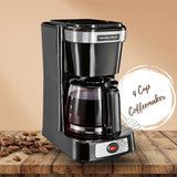 Cafetera de 4 tazas, apagado automático, cesta de preparación abatible y extraíble, color negro, con jarra de vidrio, paquete de 2