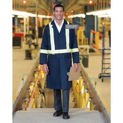 High-Vis Poly/Cotton Shop Coat with 2â€ Reflective Tape, Metal Button Closures and Multiple Pockets Color Navy Available sizes XS-XL (Sold as 2's/ Pack)
