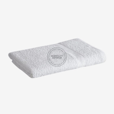 WHITE Economy Face Towel Cam Border Cotton-Poly Blend 12x12" #1.0 lbs/ dz