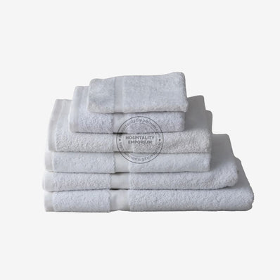 WHITE Economy Face Towel Cam Border Cotton-Poly Blend 12x12" #1.0 lbs/ dz