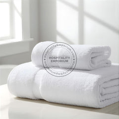 WHITE Economy Bath Towel Cam Border Cotton-Poly Blend 24x48" #8.0 lbs/ dz