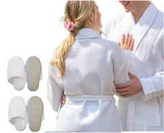 GIFT SET FOR COUPLES 2 Premium Waffle Shawl Collar Spa Robes White Size: M- L/XL + 2 Pairs Plush Indoor Slippers Unisex 1/Pack