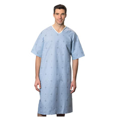 Premium Patient Gowns Printed Fabric with BackTies 4.2oz Twill Poplin 65/35 Poly/Cotton Color BLUE Print 6's/ Pack