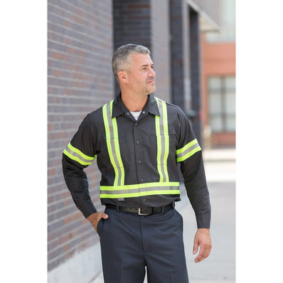 Work Shirt Poly/Cotton with 2" Reflective Tape, Short Sleeves, 2 Pockets, Snap Closures Color  Navy Available sizes XS-XL  (Sold as 3's/ Pack)