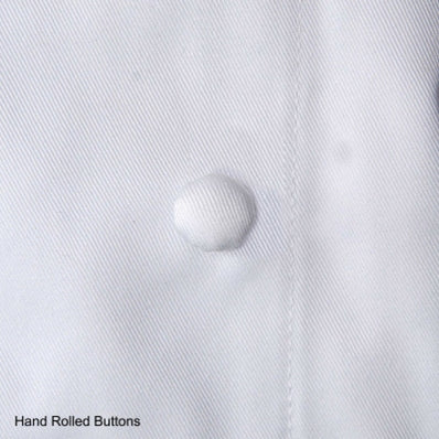 PREM. Chef Coat Master LONG SLEEVE Hand-rolled Button Closure P/C Twill Fabric Color White with Black Trim sizes XS-XL 
