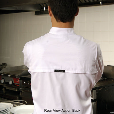 Premium Chef Coat Poly/Cotton Brushed Twill Long Sleeve with Mesh Yoke Flat Cloth-Covered Buttton Closures w/ 1 Chest Pocket and 1 Sleeve Pocket Color White Size XS-XL