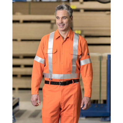 High-Vis Flame-Resistant Work Shirt Tencel/Modacrylic/Aramid With 2â€ Silver Tape, Button Closures, 2 Pockets Color Orange Available sizes XS-XL (Sold as 3's/ Pack)