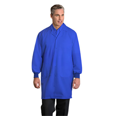 PREM. LAB Coat ESD (ElectroStatic Discharge) Snap Closures 2 Lower+1 Chest+1 Sleeve Pockets and Extra Long/Hip Length sizes XS-XL Color White/Royal Blue 
