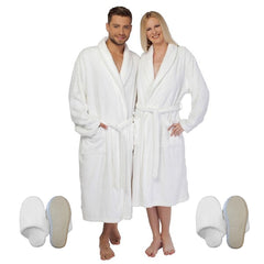 GIFT SET FOR COUPLES 2 Plush Fleece Extra Soft Shawl Collar Spa Robes White Size: M- L/XL + 2 Pairs Plush Indoor Slippers Unisex 1/Pack