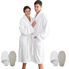 GIFT SET FOR COUPLES  2 Plush Velour Soft Cotton Shawl Collar Spa Robes White Size: M- L/XL + 2 Pairs Plush Indoor Slippers Unisex 1/Pack