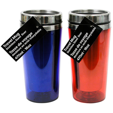 Stainless Steel Travel Mug with Plastic Inside Size 16oz Color Blue/Red