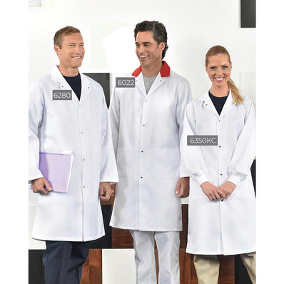 Long Coat BUTCHER Style Custom Trim Collar 2 Pockets/2+1 Pockets/3 Inside Pockets 100% Poly White sizes XS-XL 3/Pack