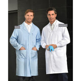 Men's Premium Lab Coat, with Dome closure, 3 Outside Pockets, Knit Cuffs, 8.2oz Twill 100% Cotton color WHITE Size XS-XL