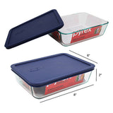 Pyrex Rectangular Dish w/Plastic Cover 6 Cup Dimension 8"x6"x2" Color Blue Lid