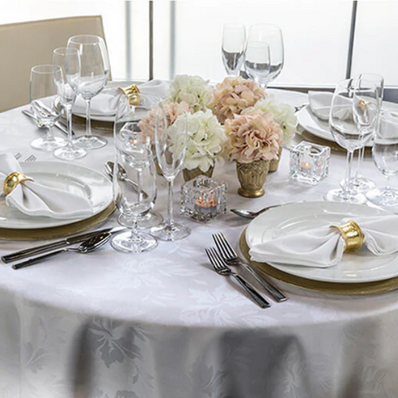 Table Cloth 63"x63"Fabric 6.4 oz. 100% Spun Filament Poly Milliken USA "Damask Leaf" color WHITE