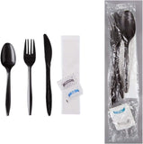 6 pc Plastic Cutlery Kit Black/ White includes Knife + Fork + Spoon + Napkin + Salt + Pepper